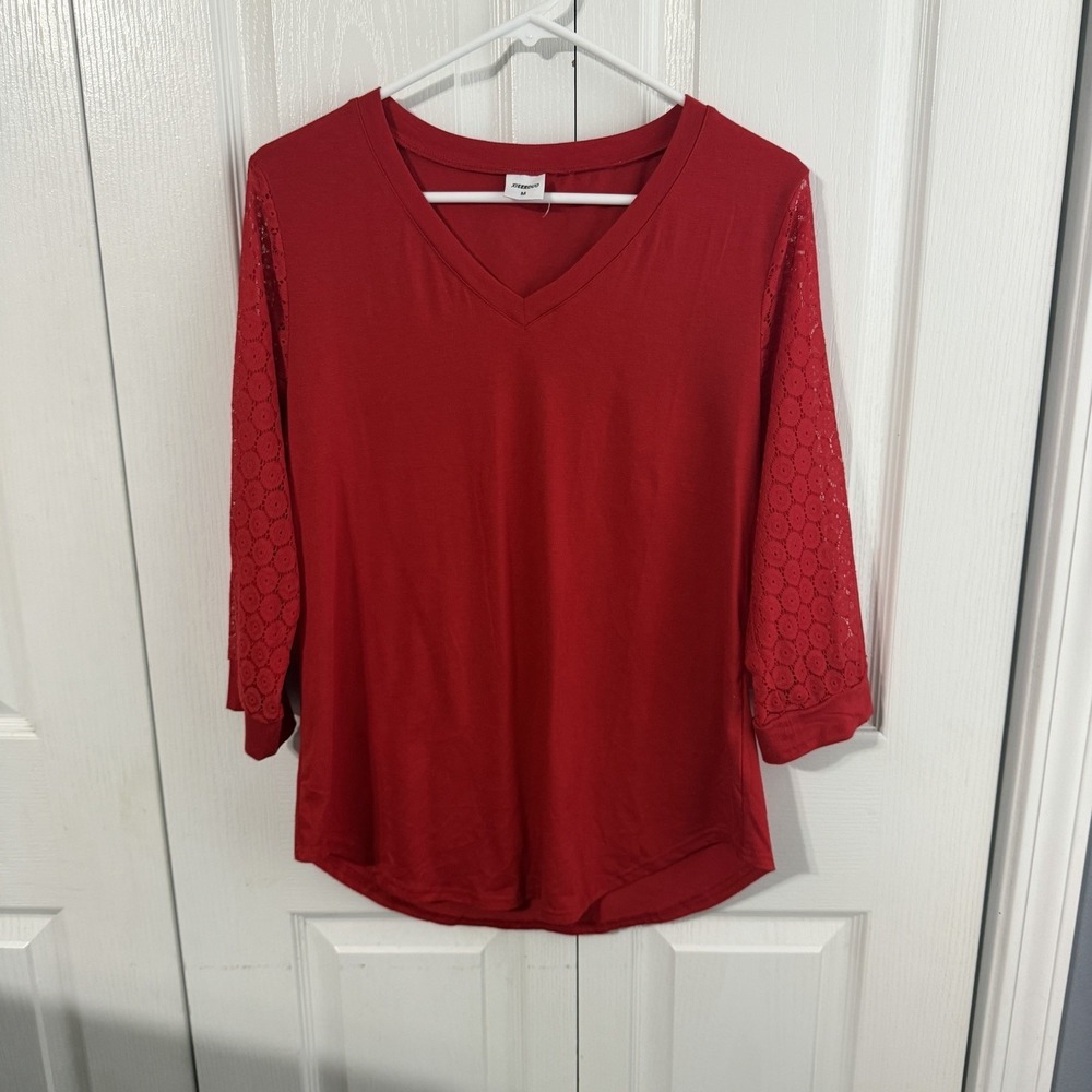 Xieerduo Red Crochet Sleeve Blouse Women's Size Medium Office Preppy Minimalist